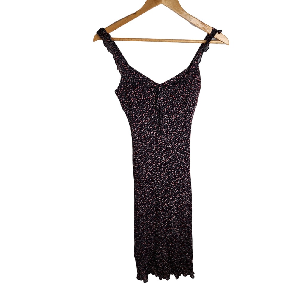 Vintage 90s Y2K Black Floral Midi Dress Flutter Sleeve Lined Whimsigoth Grunge‎